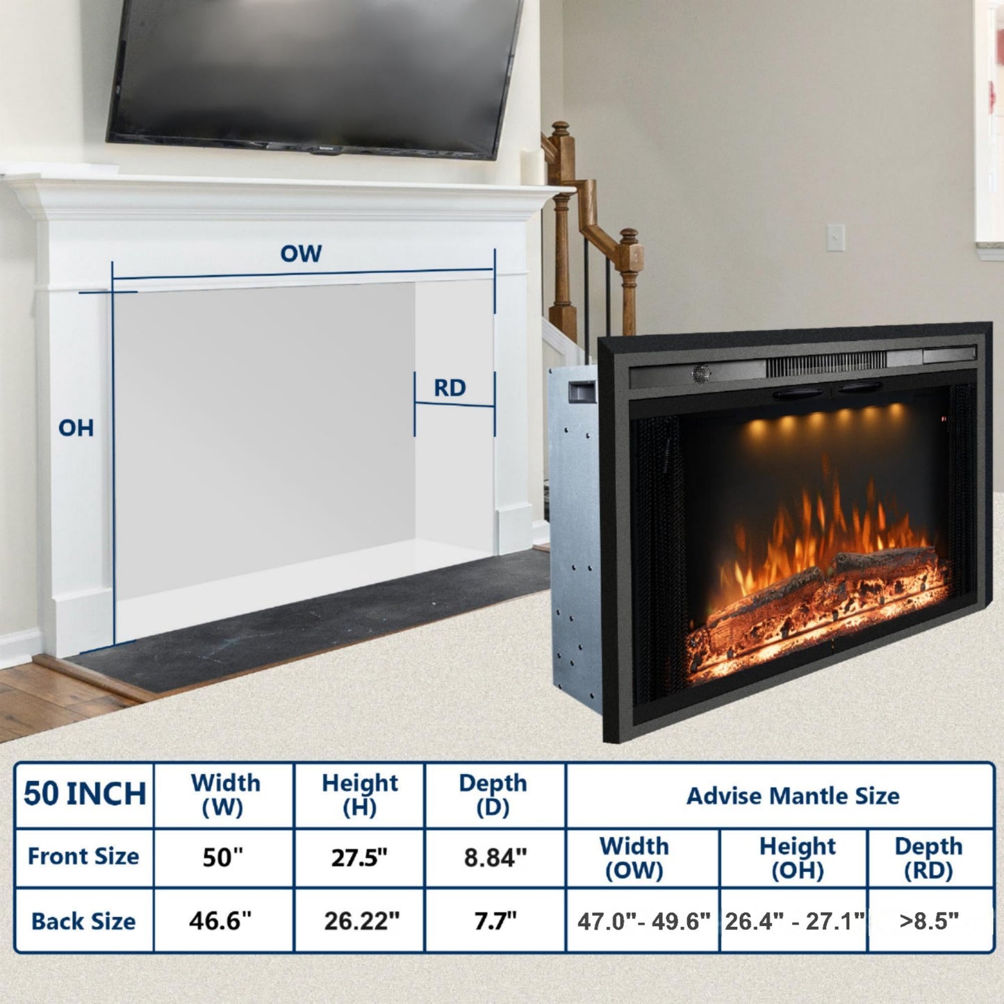 Electric Fireplace Insert with Top Light, Fire Sound, Glass Door & Mesh Screen - Kentsky