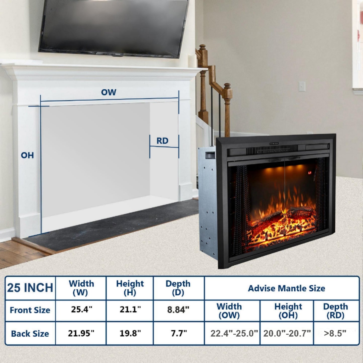 Electric Fireplace Insert with Top Light, Fire Sound, Glass Door & Mesh Screen - Kentsky