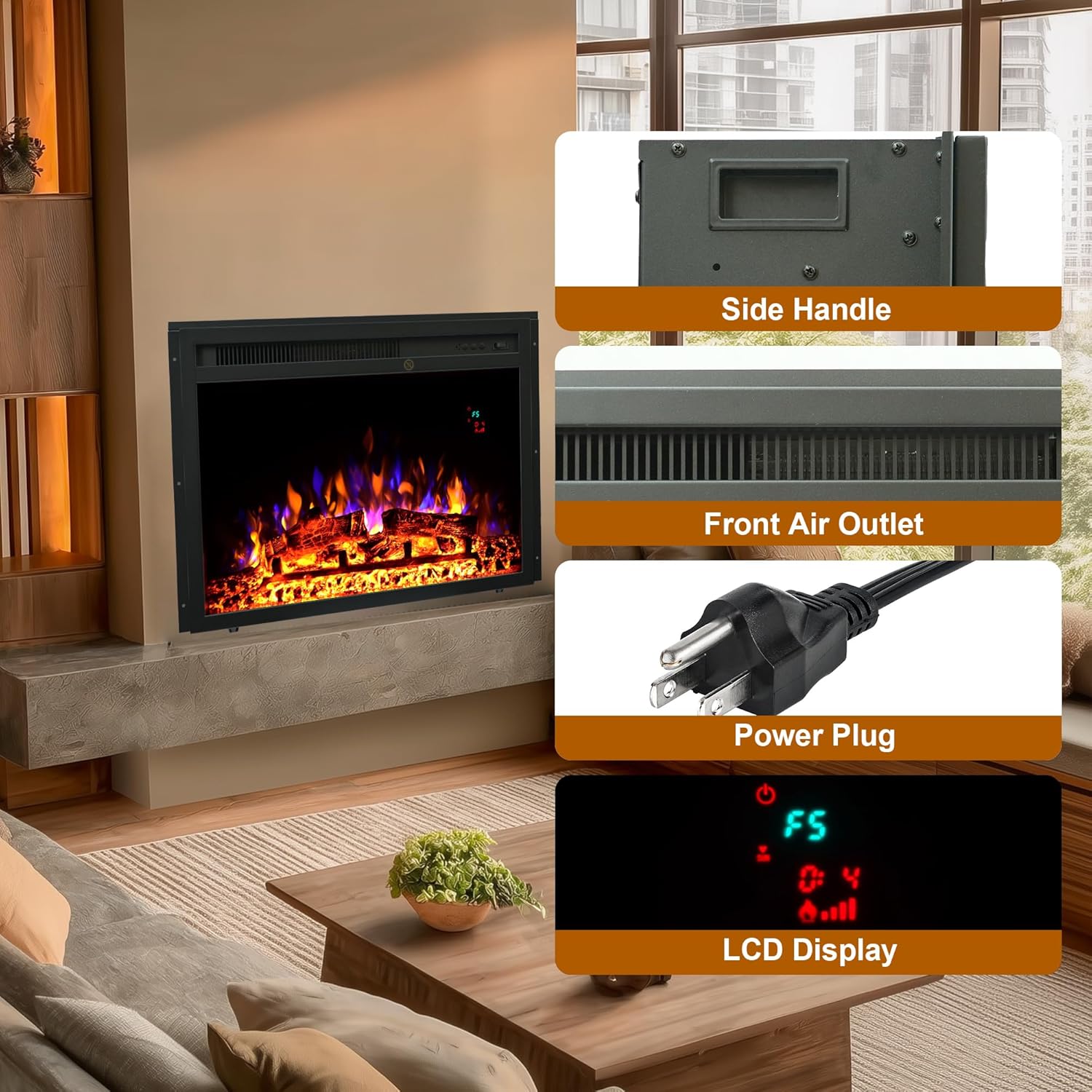 23.6 Inch Electric Fireplace Insert, Recessed Electric Fireplace Heater with Adjustable Brightness, Weekly Timer, Remote Control, Overheat Protection, 750/1500W - Kentsky