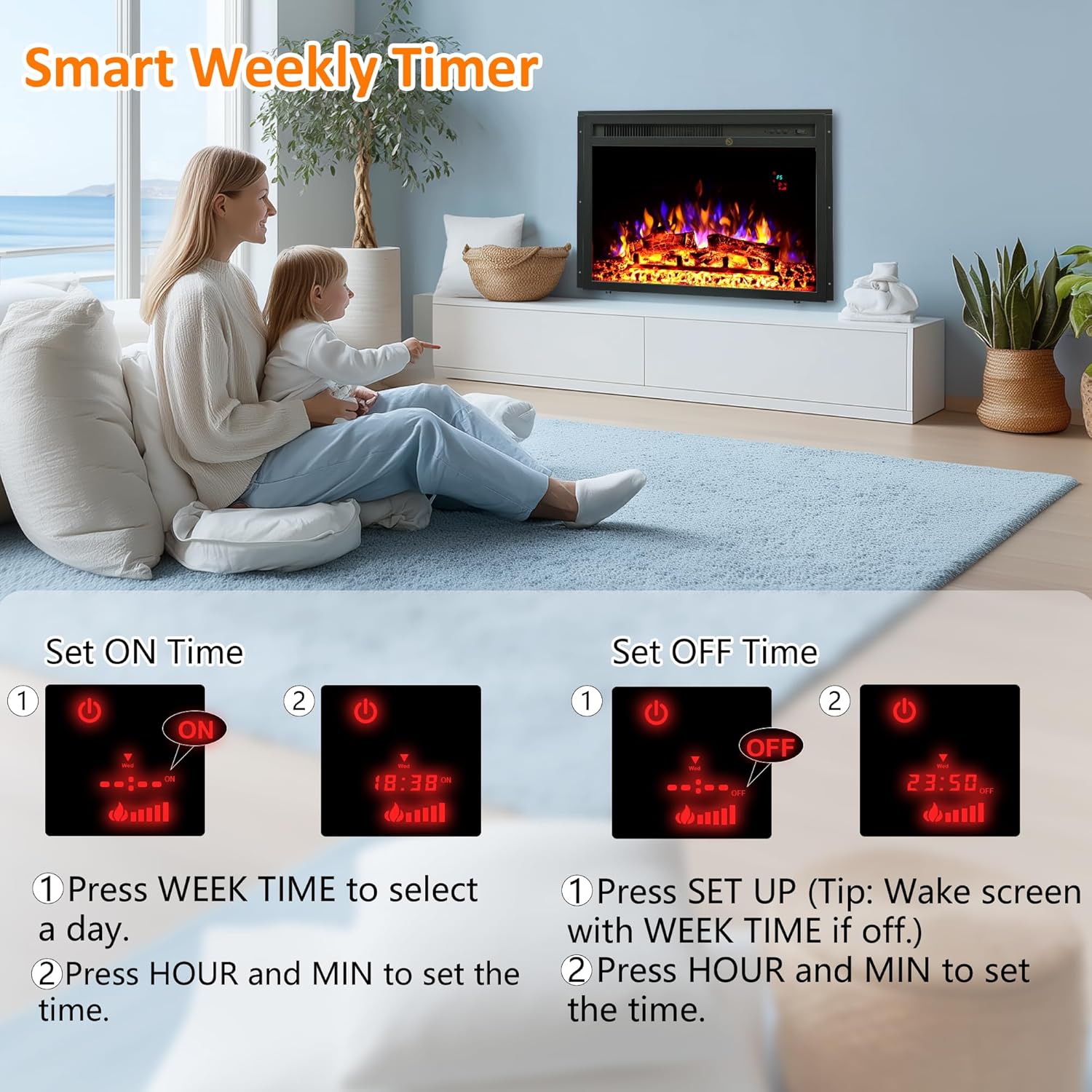 23.6 Inch Electric Fireplace Insert, Recessed Electric Fireplace Heater with Adjustable Brightness, Weekly Timer, Remote Control, Overheat Protection, 750/1500W - Kentsky