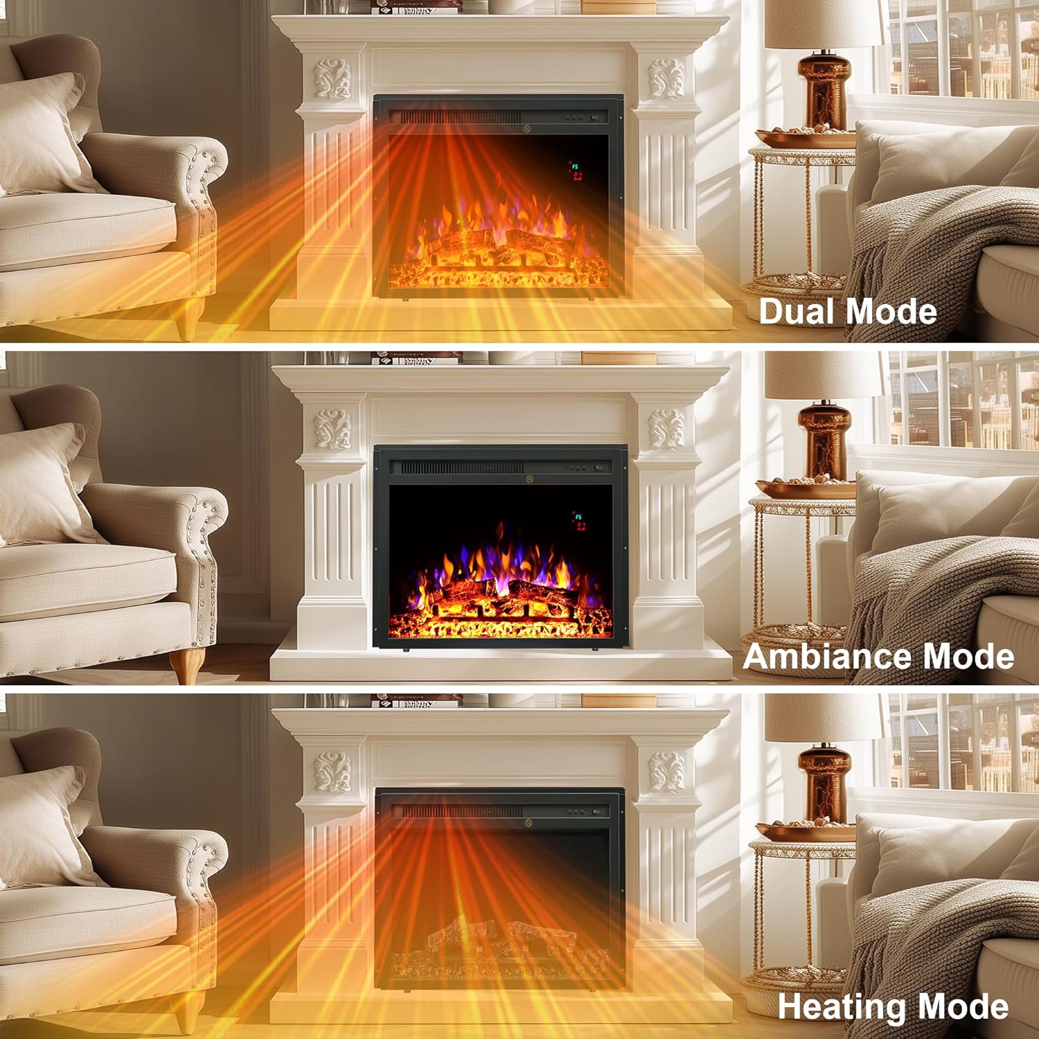 23.6 Inch Electric Fireplace Insert, Recessed Electric Fireplace Heater with Adjustable Brightness, Weekly Timer, Remote Control, Overheat Protection, 750/1500W - Kentsky