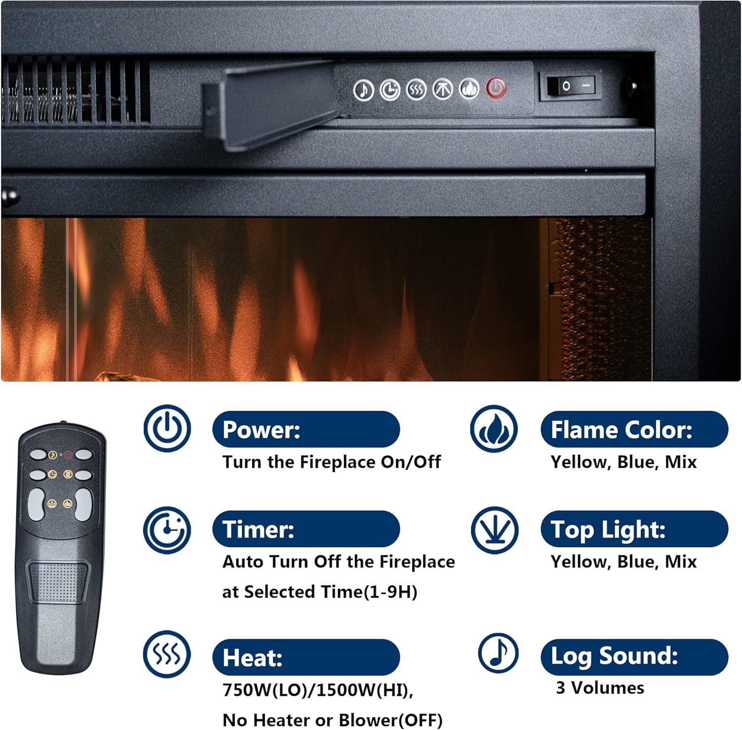 30 Inches Electric Fireplace Insert, 750W/1500W Fireplace Heater with Adjustable Flame and Top Light Colors, Fire Crackling Sound, Remote Control, Timer, Glass Door & Mesh Screen, Black - Kentsky