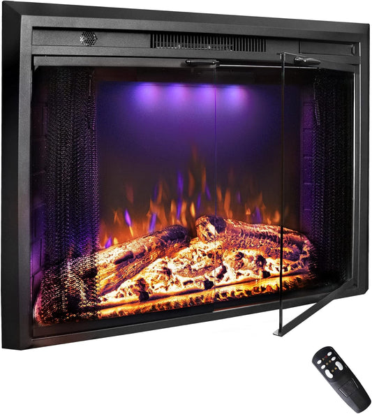 30 Inches Electric Fireplace Insert, 750W/1500W Fireplace Heater with Adjustable Flame and Top Light Colors, Fire Crackling Sound, Remote Control, Timer, Glass Door & Mesh Screen, Black - Kentsky