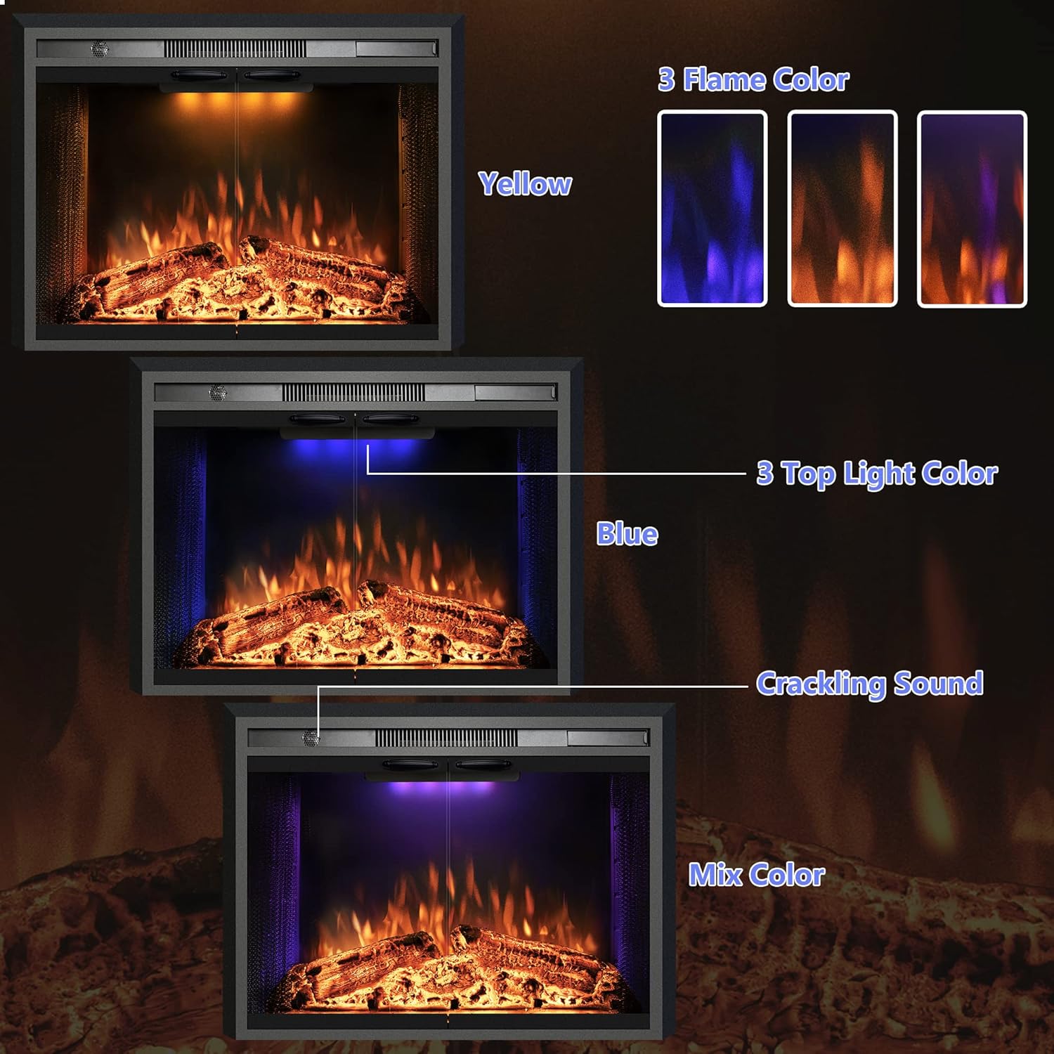 30 Inches Electric Fireplace Insert, 750W/1500W Fireplace Heater with Adjustable Flame and Top Light Colors, Fire Crackling Sound, Remote Control, Timer, Glass Door & Mesh Screen, Black - Kentsky