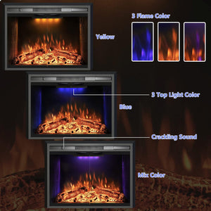 30 Inches Electric Fireplace Insert, 750W/1500W Fireplace Heater with Adjustable Flame and Top Light Colors, Fire Crackling Sound, Remote Control, Timer, Glass Door & Mesh Screen, Black - Kentsky