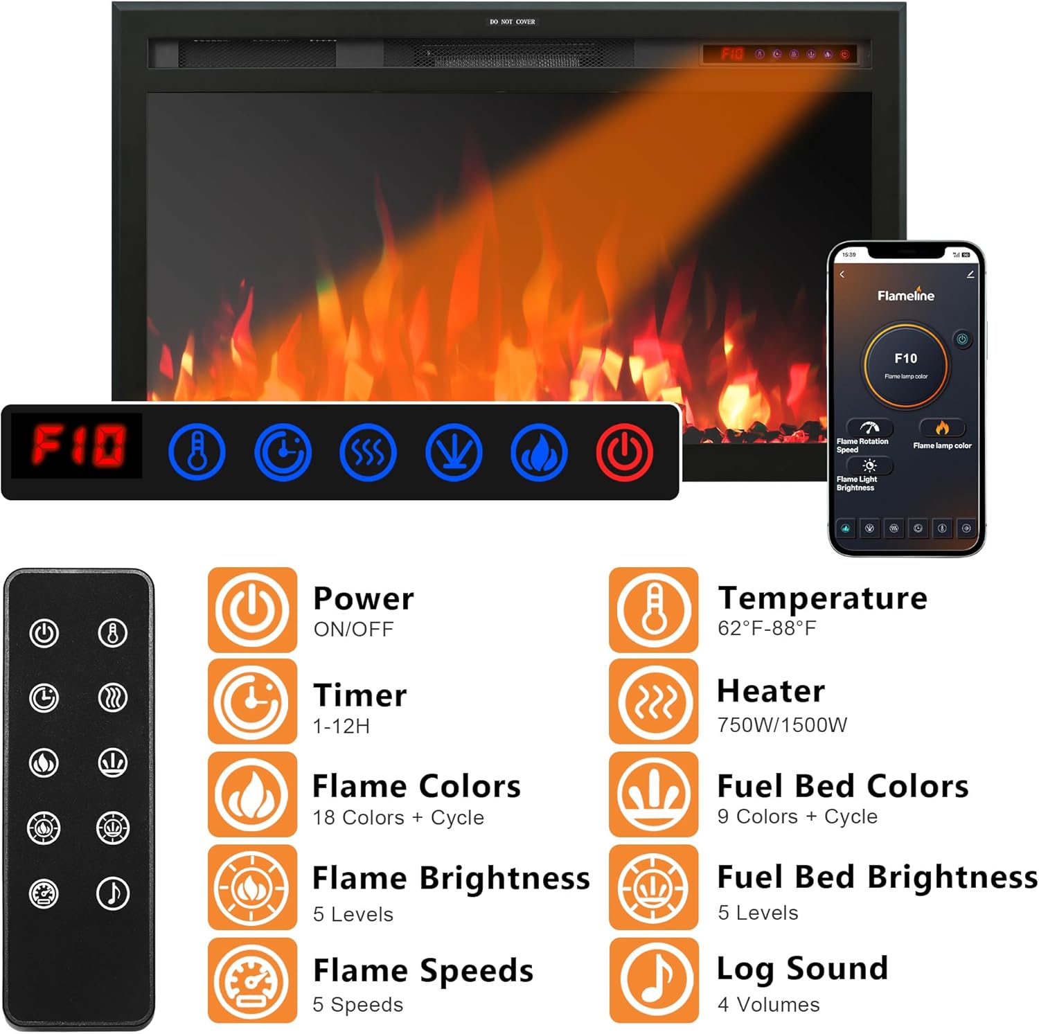 33" WiFi Electric Fireplace Insert, Fireplace Heater with APP Control, Auto - Cycling Multicolor Flames, Crackling Sound, Plug - in & Hardwire, Thermostat, 5 Speed & Brightness, Timer, 750/1500W - Kentsky