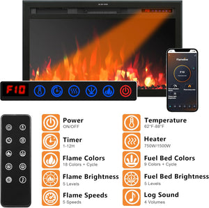 33" WiFi Electric Fireplace Insert, Fireplace Heater with APP Control, Auto - Cycling Multicolor Flames, Crackling Sound, Plug - in & Hardwire, Thermostat, 5 Speed & Brightness, Timer, 750/1500W - Kentsky