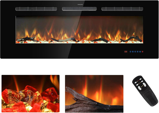 45 inches Electric Fireplace Inserts, Recessed and Wall Mounted Fireplace Heater, Linear Fireplace w/Thermostat, Remote & Touch Screen, Multicolor Flame, Timer, Log & Crystal, 750W/1500W - Kentsky