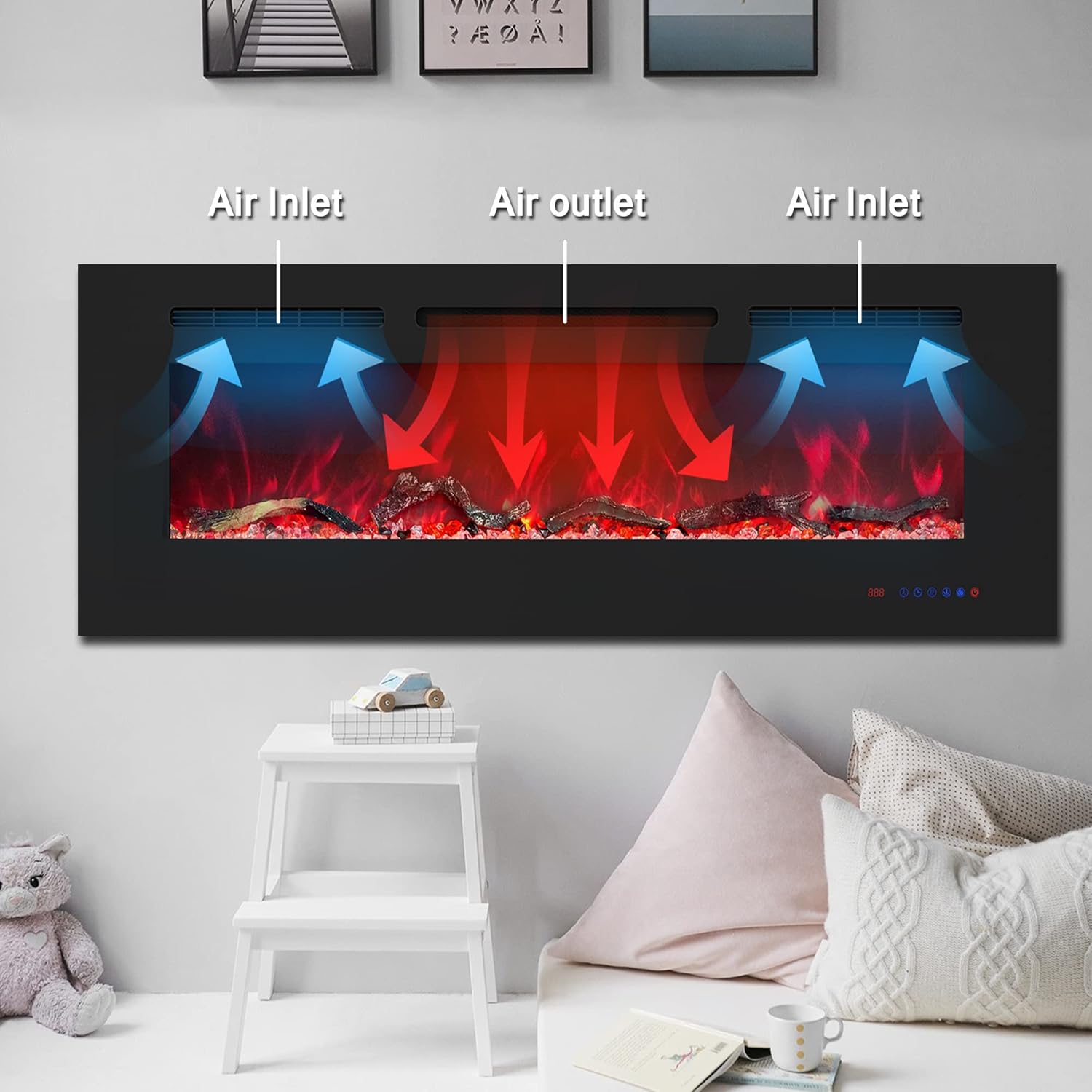 54 inches Electric Fireplace Inserts, Recessed and Wall Mounted Fireplace Heater, Linear Fireplace w/Thermostat, Remote & Touch Screen, Multicolor Flame, Timer, Log & Crystal, 750W/1500W - Kentsky