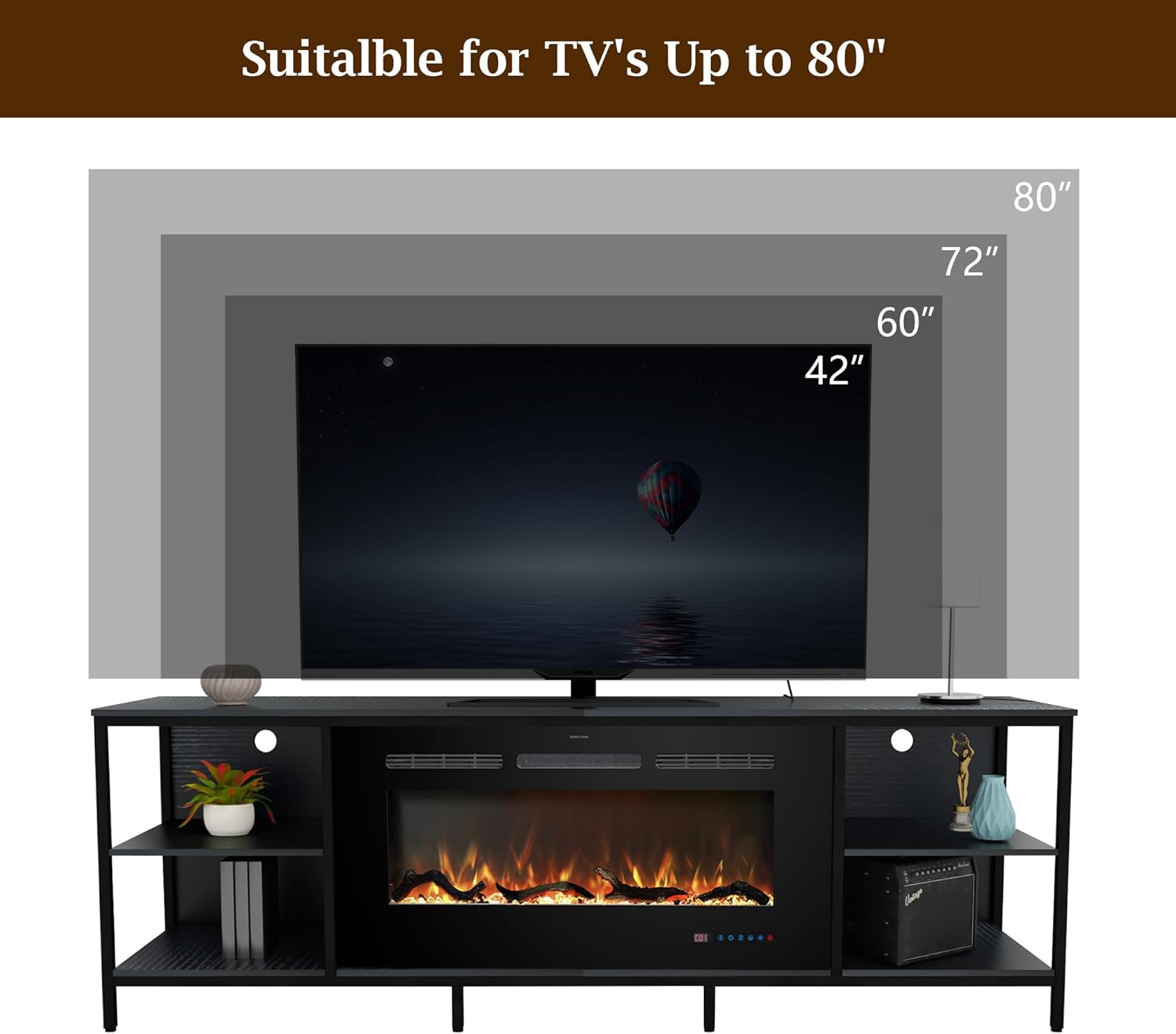 Fireplace TV Stand with 36" Electric Fireplace, 70" Industrial Entertainment Center with Metal Frame, Media TV Cabinet for TVs Up to 80", 750W/1500W, Thermostat, 13 Flame Colors, Black