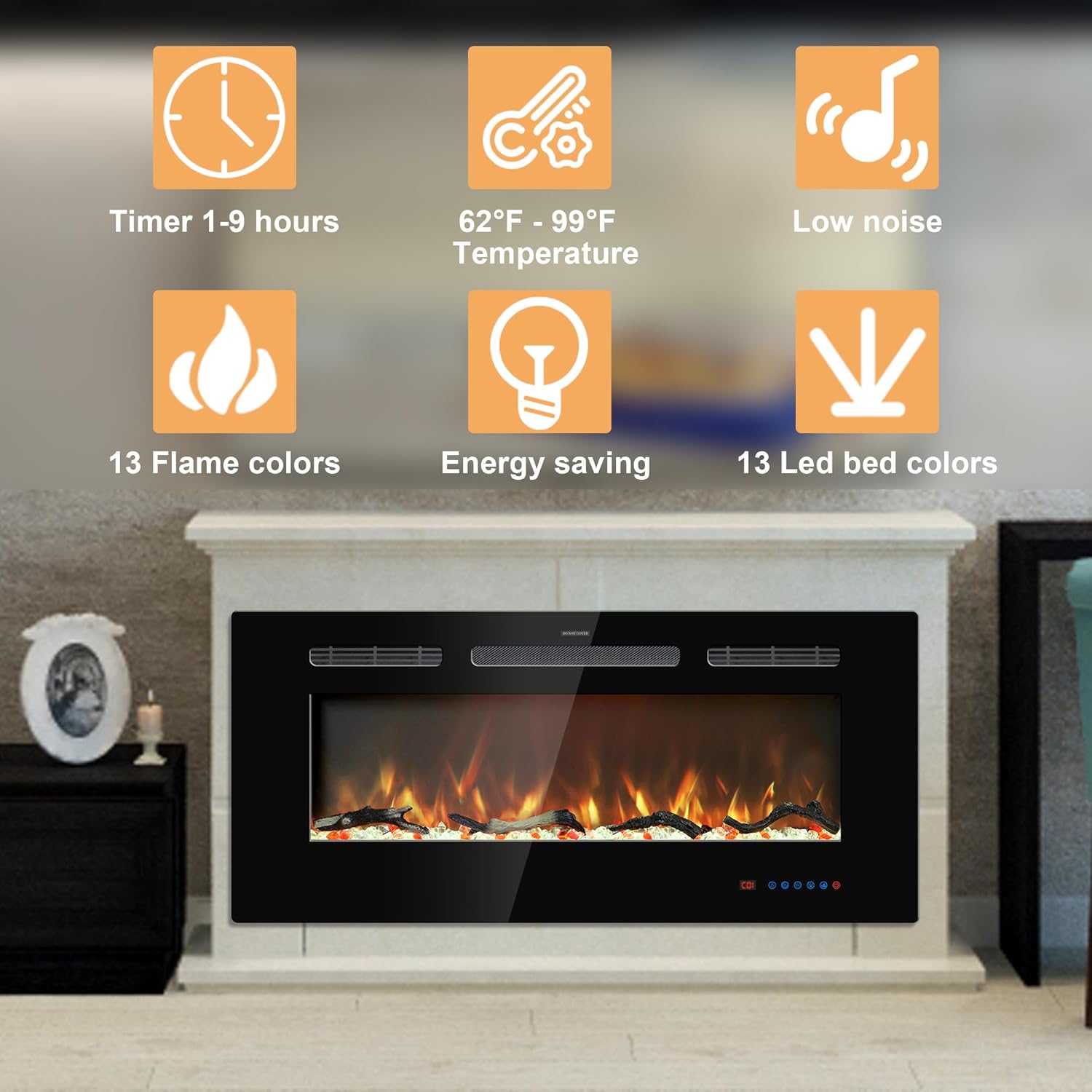 45 inches Electric Fireplace Inserts, Recessed and Wall Mounted Fireplace Heater, Linear Fireplace w/Thermostat, Remote & Touch Screen, Multicolor Flame, Timer, Log & Crystal, 750W/1500W