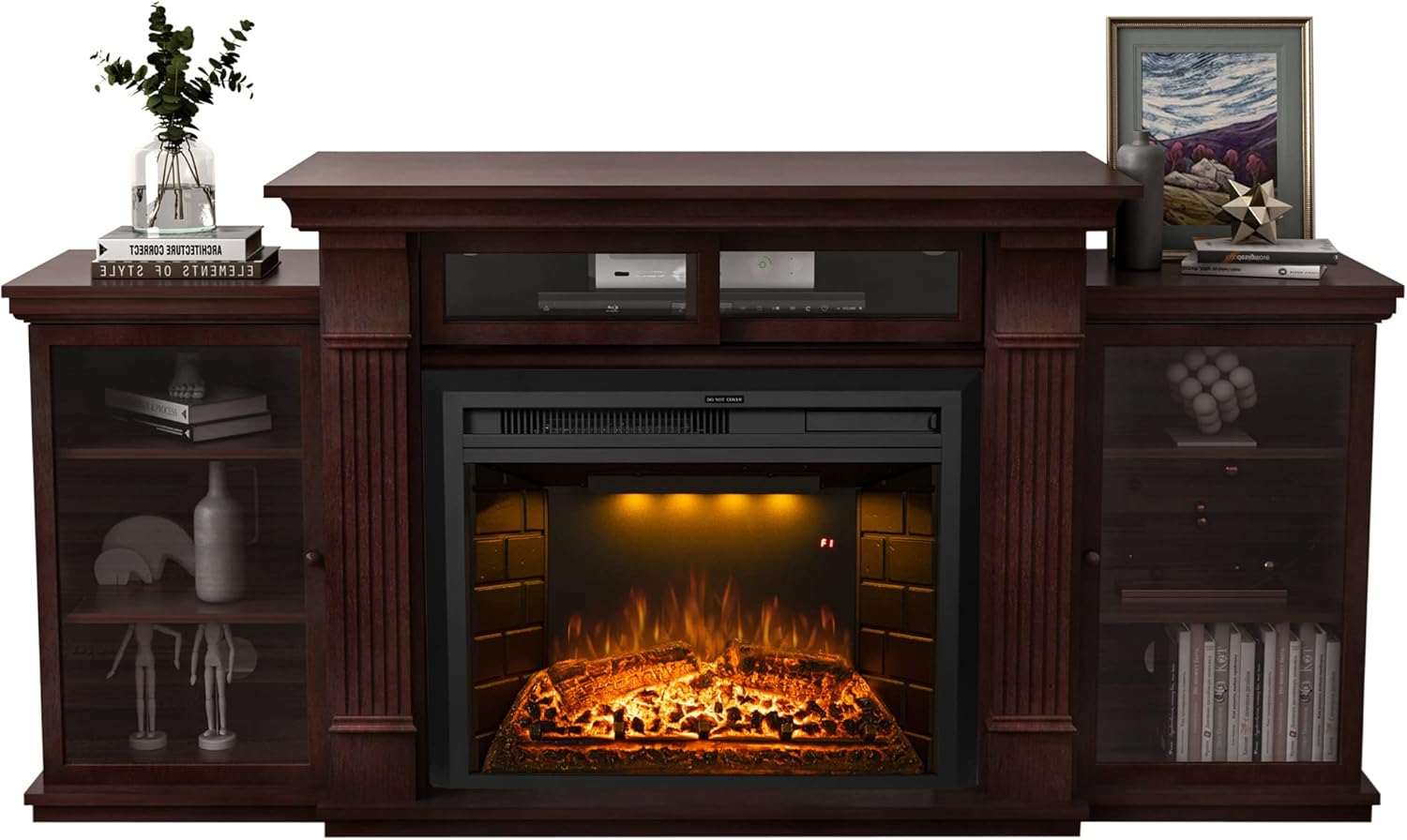 67 Inch Electric Fireplace TV Stand, Wood Media Entertainment Center Table with Storage Cabinet & Adjustable Shelves, 25" Fireplace Insert Adjustable Flame, Crackling Sound (Brown)