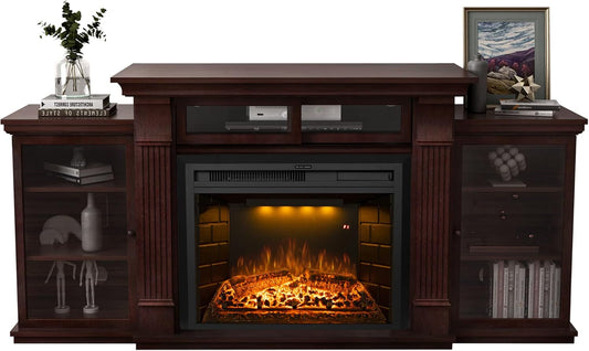 67 Inch Electric Fireplace TV Stand, Wood Media Entertainment Center Table with Storage Cabinet & Adjustable Shelves, 25" Fireplace Insert Adjustable Flame, Crackling Sound (Brown)