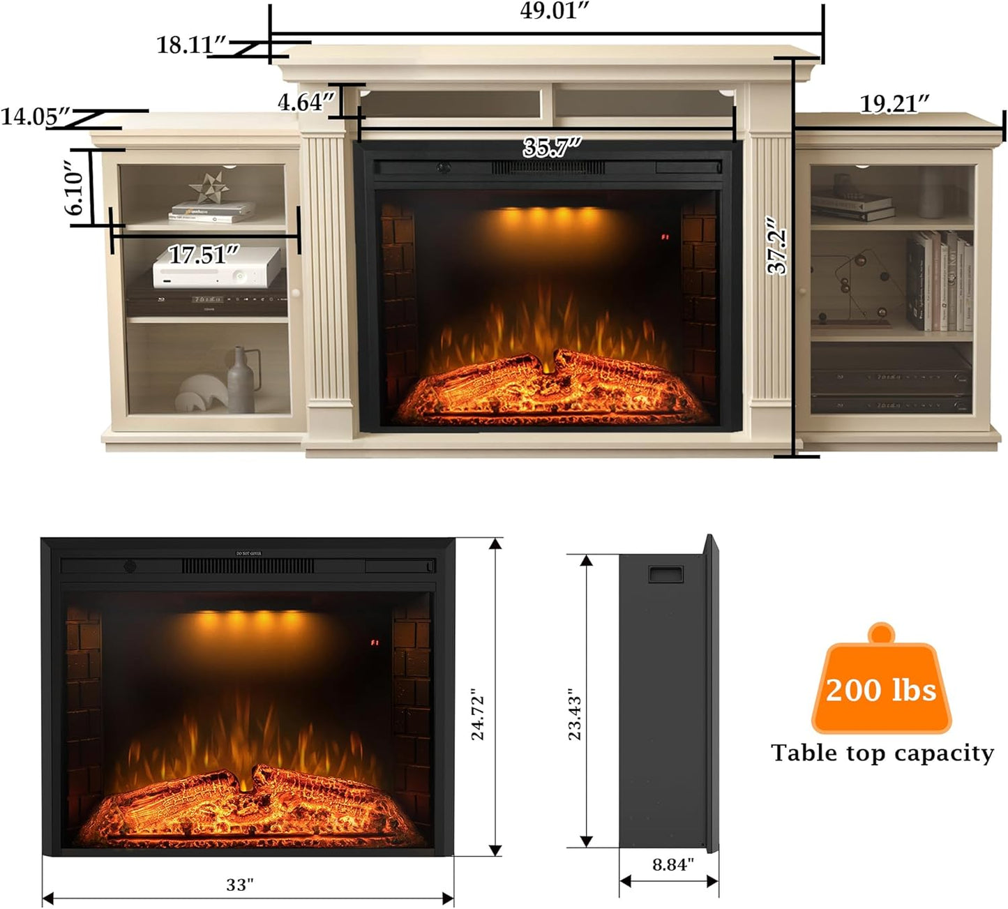 84 Inch Electric Fireplace TV Stand, Wood Media Entertainment Center Table with Storage Cabinet & Adjustable Shelves, 36" Fireplace Insert w/Adjustable Flame, Crackling Sound, Beige