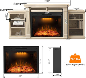 84 Inch Electric Fireplace TV Stand, Wood Media Entertainment Center Table with Storage Cabinet & Adjustable Shelves, 36" Fireplace Insert w/Adjustable Flame, Crackling Sound, Beige