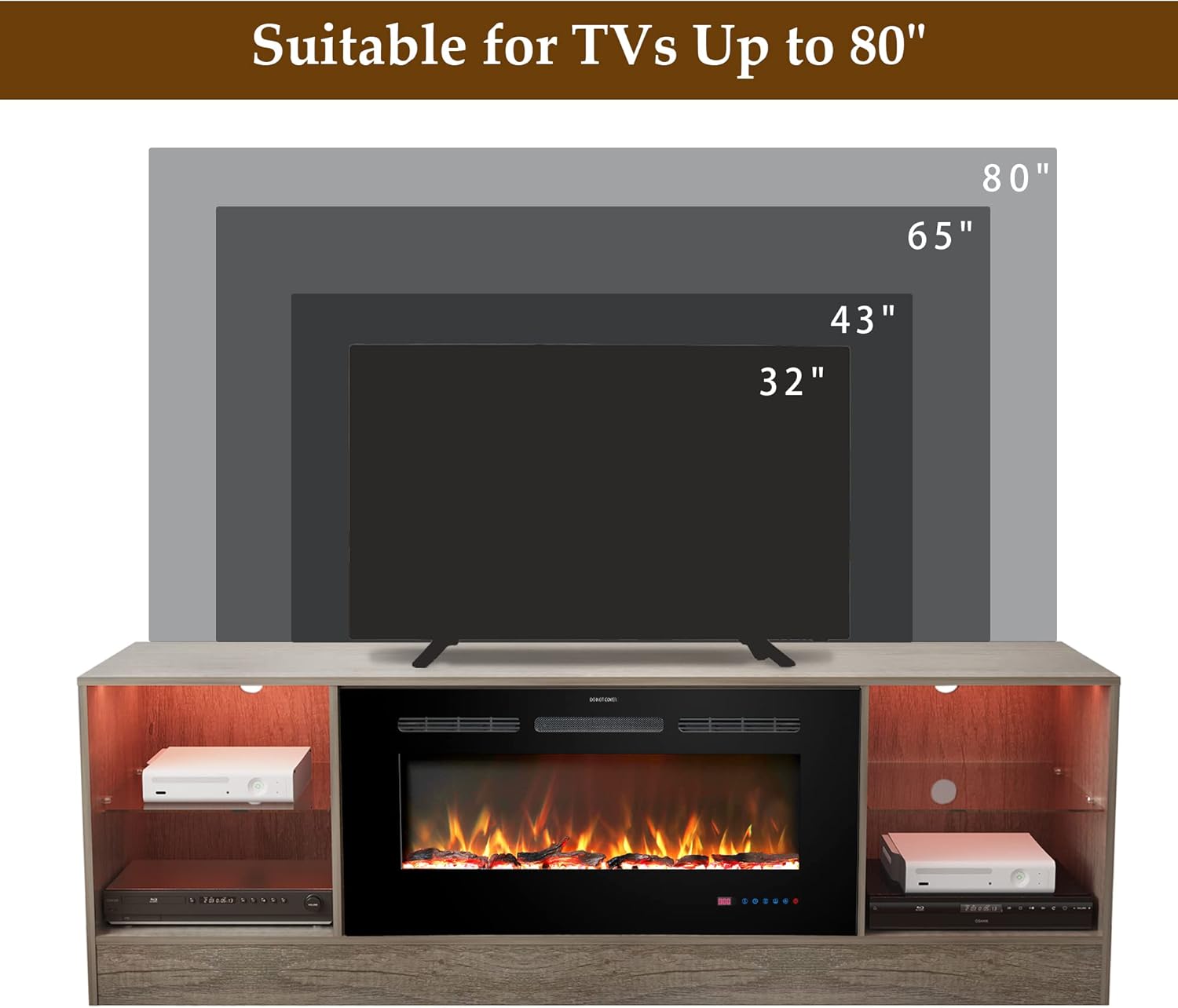 72" Fireplace TV Stand, Entertainment Center with 36" Electric Fireplace, LED Light Wood Storage Cabinet Table, Media Console for TVs Up to 80", Thermostat, 13 Flame Colors, Grey