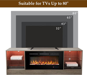 72" Fireplace TV Stand, Entertainment Center with 36" Electric Fireplace, LED Light Wood Storage Cabinet Table, Media Console for TVs Up to 80", Thermostat, 13 Flame Colors, Grey
