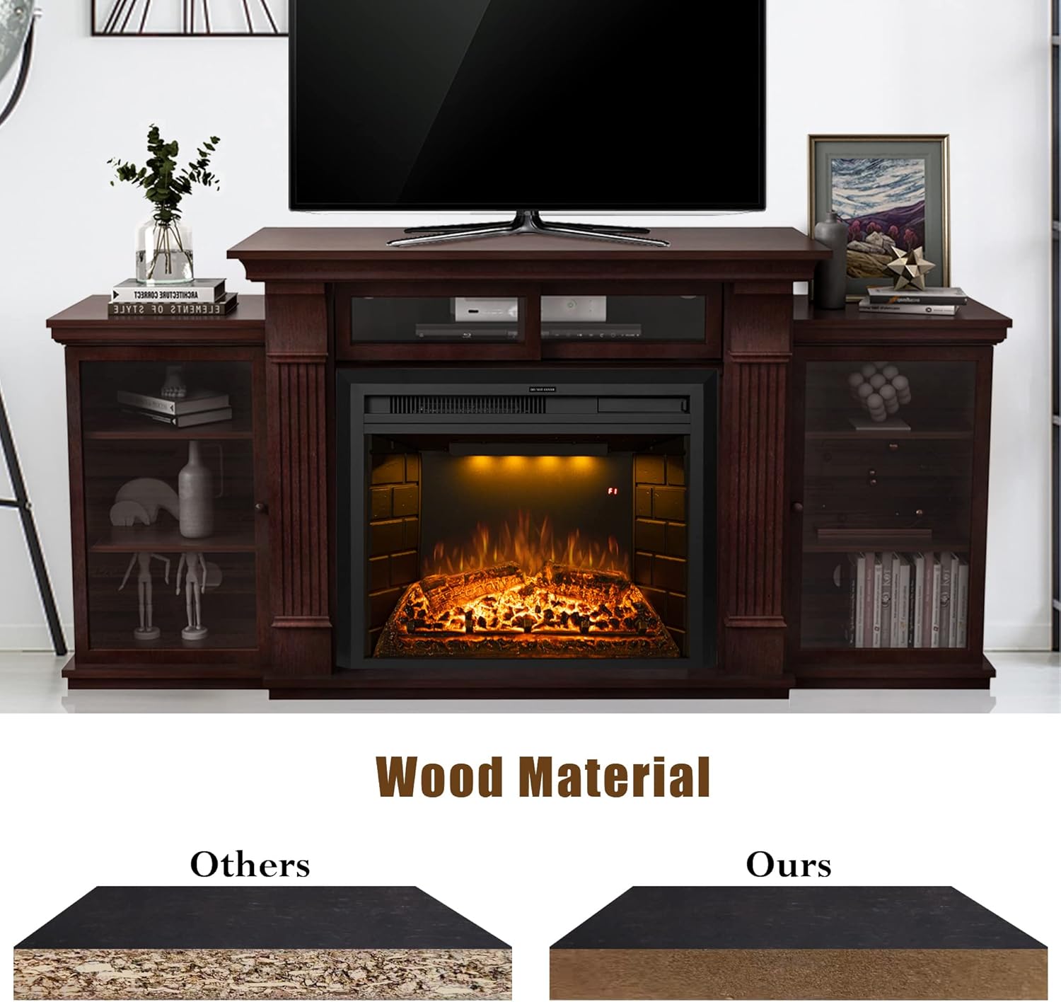 67 Inch Electric Fireplace TV Stand, Wood Media Entertainment Center Table with Storage Cabinet & Adjustable Shelves, 25" Fireplace Insert Adjustable Flame, Crackling Sound (Brown)