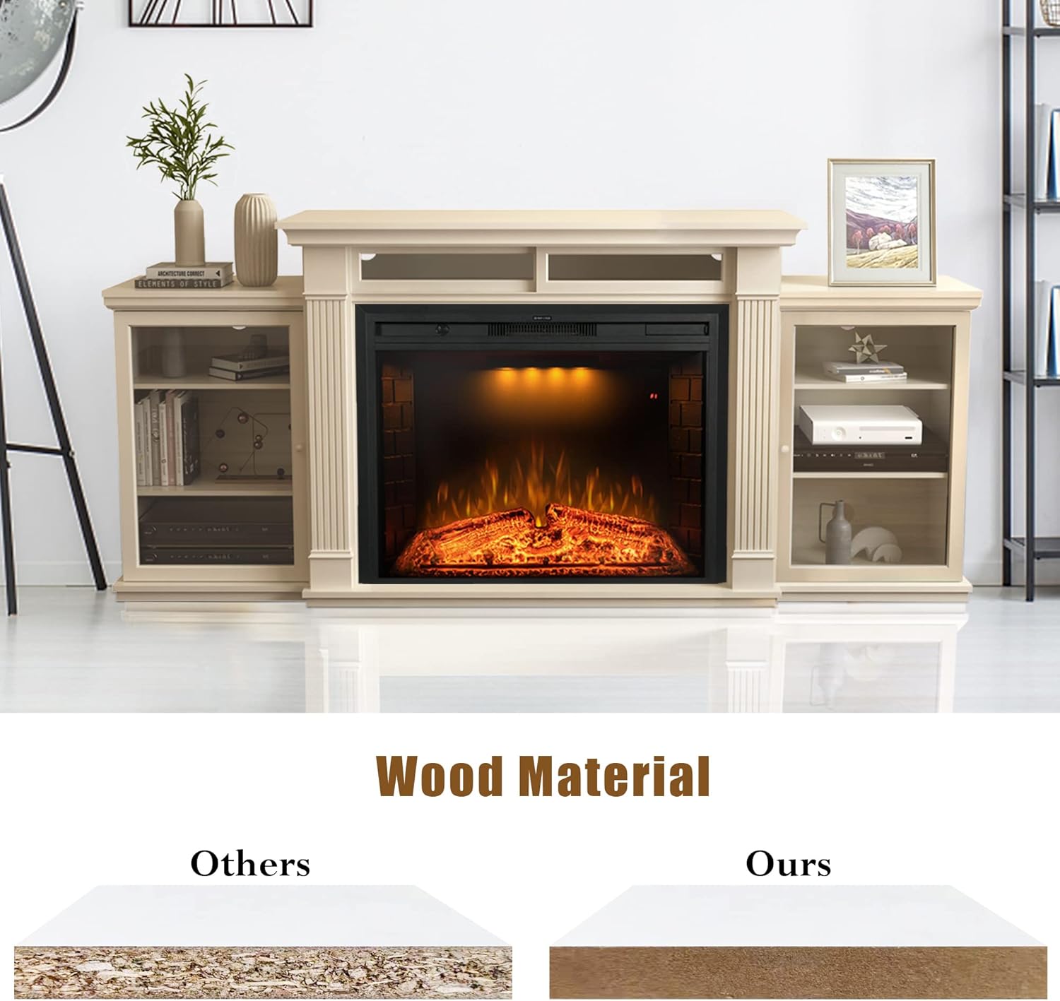 84 Inch Electric Fireplace TV Stand, Wood Media Entertainment Center Table with Storage Cabinet & Adjustable Shelves, 36" Fireplace Insert w/Adjustable Flame, Crackling Sound, Beige