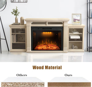 84 Inch Electric Fireplace TV Stand, Wood Media Entertainment Center Table with Storage Cabinet & Adjustable Shelves, 36" Fireplace Insert w/Adjustable Flame, Crackling Sound, Beige