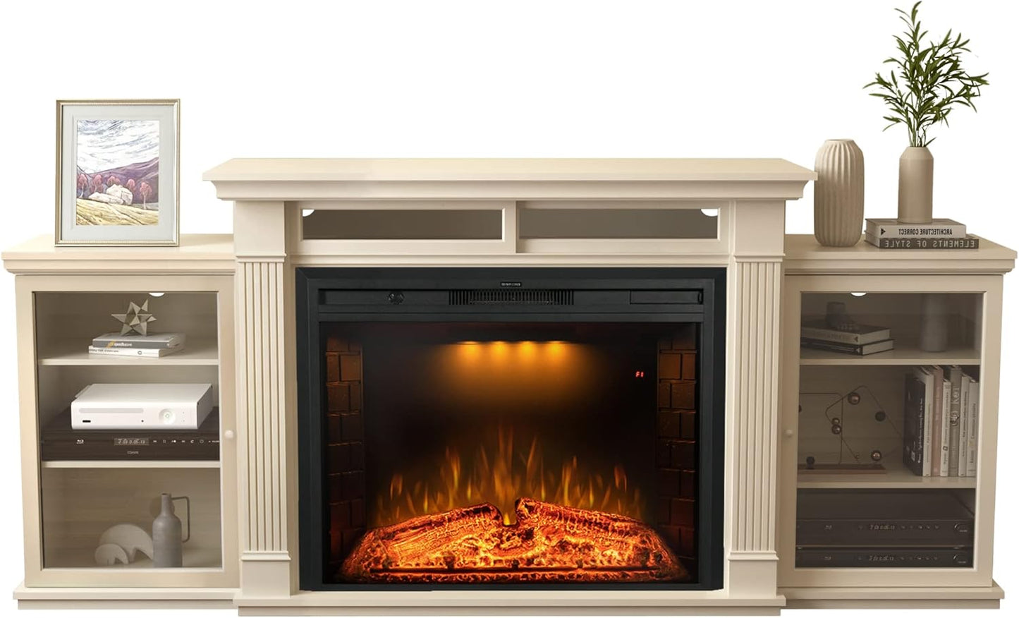 84 Inch Electric Fireplace TV Stand, Wood Media Entertainment Center Table with Storage Cabinet & Adjustable Shelves, 36" Fireplace Insert w/Adjustable Flame, Crackling Sound, Beige
