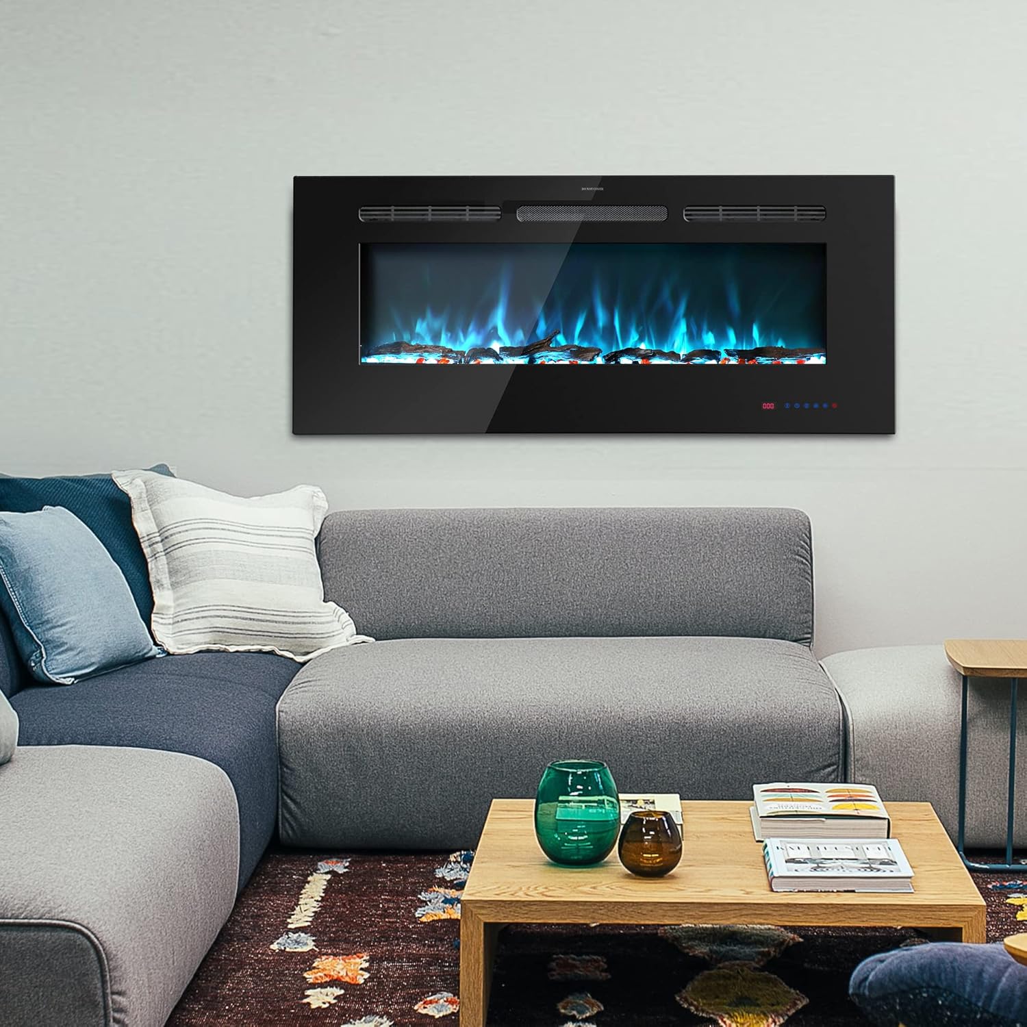 45 inches Electric Fireplace Inserts, Recessed and Wall Mounted Fireplace Heater, Linear Fireplace w/Thermostat, Remote & Touch Screen, Multicolor Flame, Timer, Log & Crystal, 750W/1500W