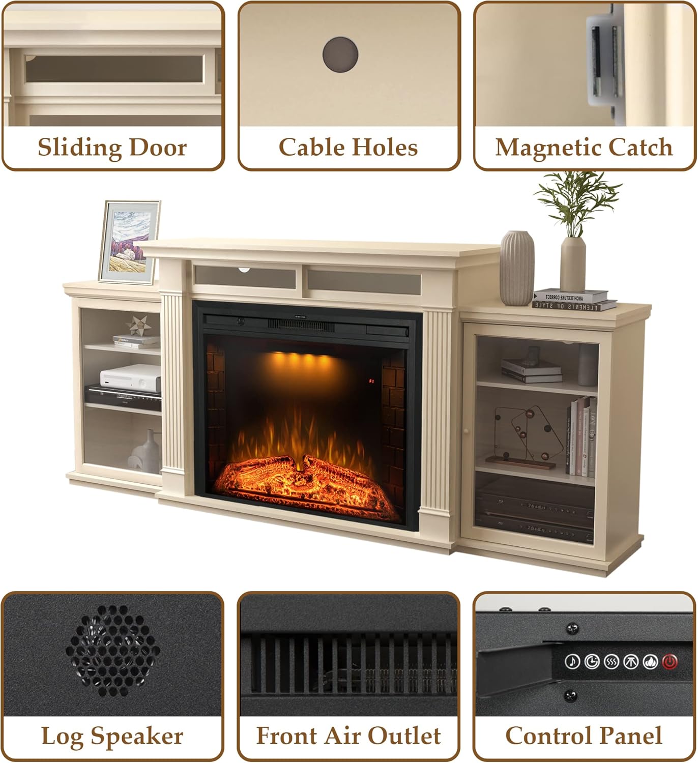 84 Inch Electric Fireplace TV Stand, Wood Media Entertainment Center Table with Storage Cabinet & Adjustable Shelves, 36" Fireplace Insert w/Adjustable Flame, Crackling Sound, Beige