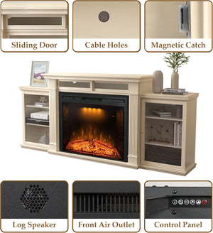 84 Inch Electric Fireplace TV Stand, Wood Media Entertainment Center Table with Storage Cabinet & Adjustable Shelves, 36" Fireplace Insert w/Adjustable Flame, Crackling Sound, Beige