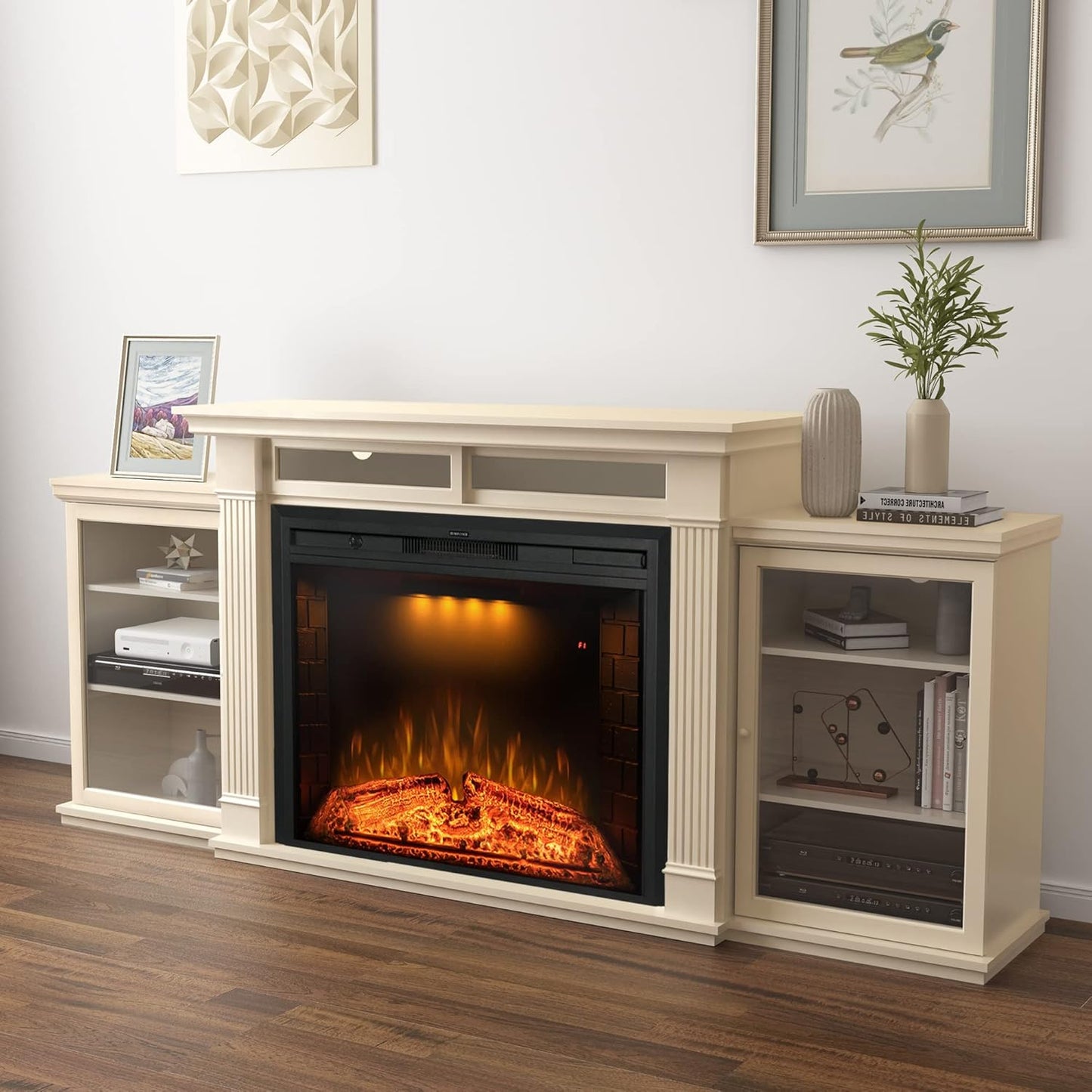 84 Inch Electric Fireplace TV Stand, Wood Media Entertainment Center Table with Storage Cabinet & Adjustable Shelves, 36" Fireplace Insert w/Adjustable Flame, Crackling Sound, Beige