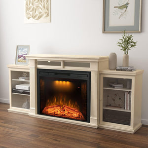 84 Inch Electric Fireplace TV Stand, Wood Media Entertainment Center Table with Storage Cabinet & Adjustable Shelves, 36" Fireplace Insert w/Adjustable Flame, Crackling Sound, Beige