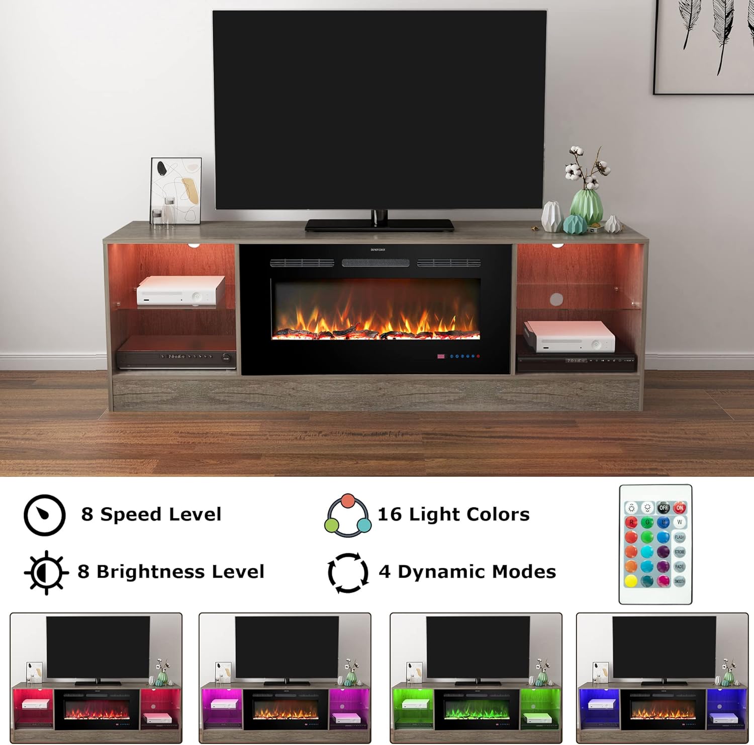 72" Fireplace TV Stand, Entertainment Center with 36" Electric Fireplace, LED Light Wood Storage Cabinet Table, Media Console for TVs Up to 80", Thermostat, 13 Flame Colors, Grey