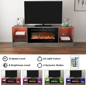 72" Fireplace TV Stand, Entertainment Center with 36" Electric Fireplace, LED Light Wood Storage Cabinet Table, Media Console for TVs Up to 80", Thermostat, 13 Flame Colors, Grey
