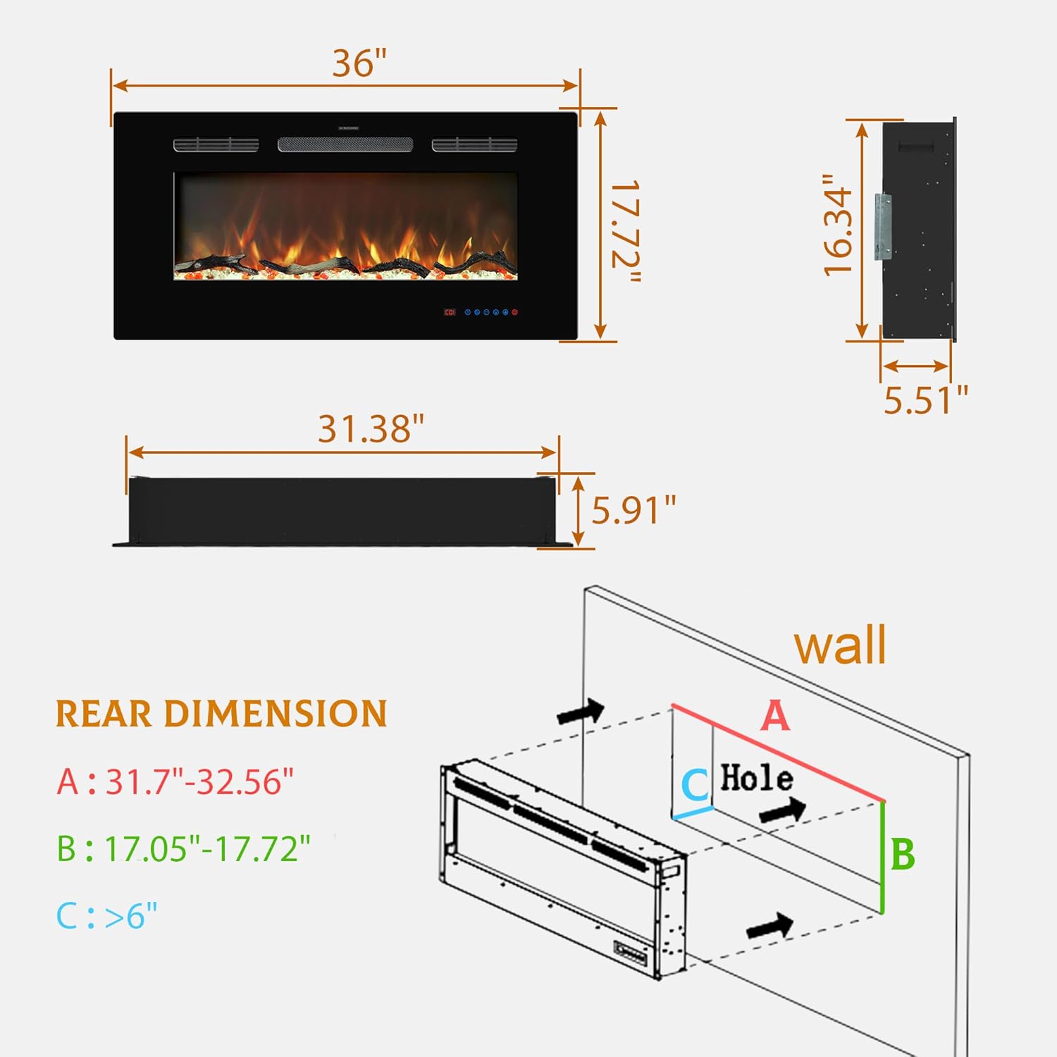 Electric Fireplace Insert - 3 Flame Colors, 750W/1500W, Timer, Black - Kentsky