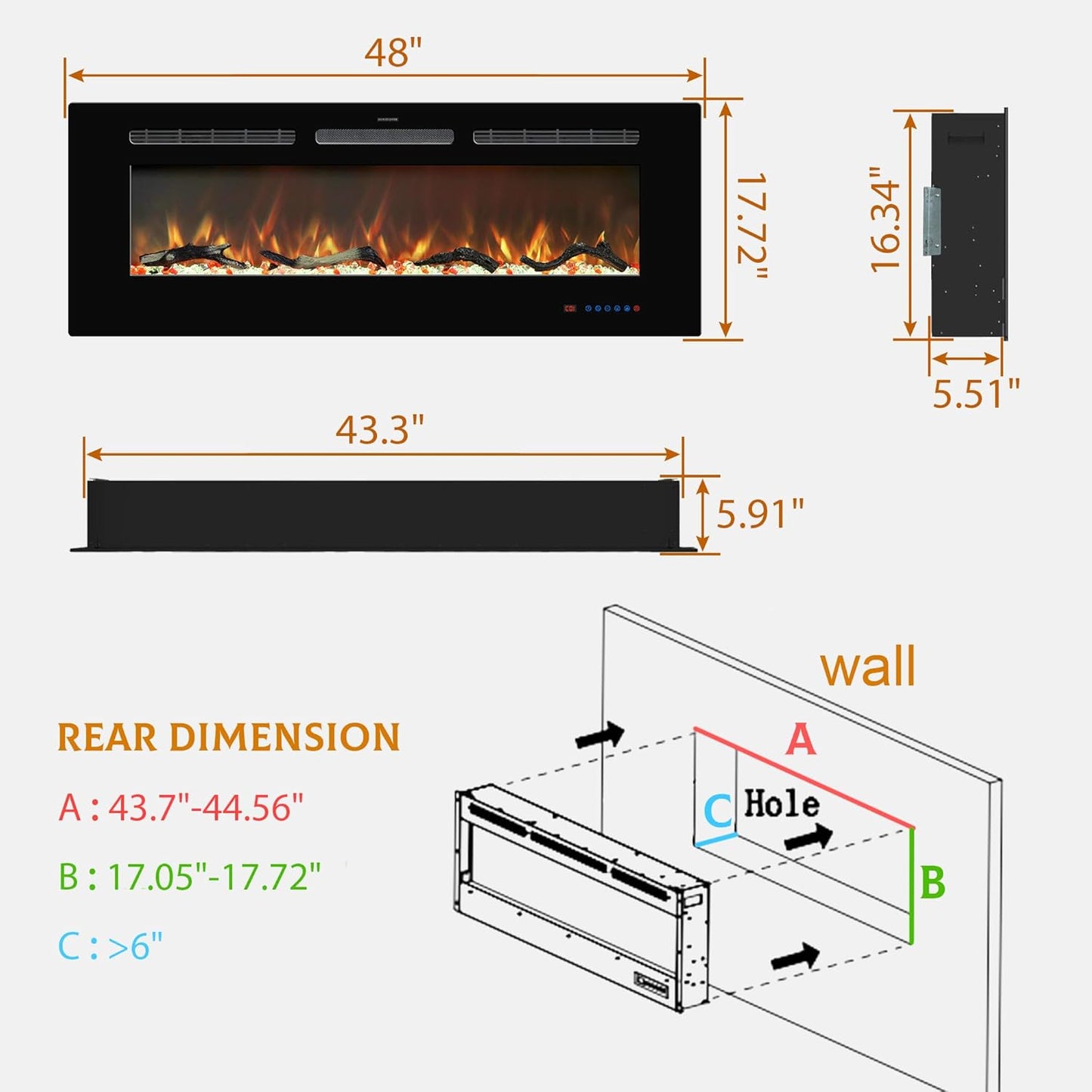 Electric Fireplace Insert - 3 Flame Colors, 750W/1500W, Timer, Black/White/Gray - Kentsky