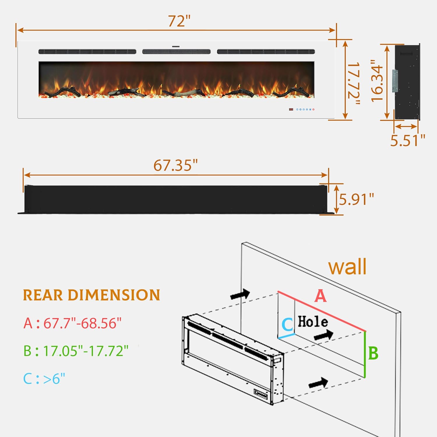 Electric Fireplace Insert - 3 Flame Colors, 750W/1500W, Timer, Black/White/Gray - Kentsky