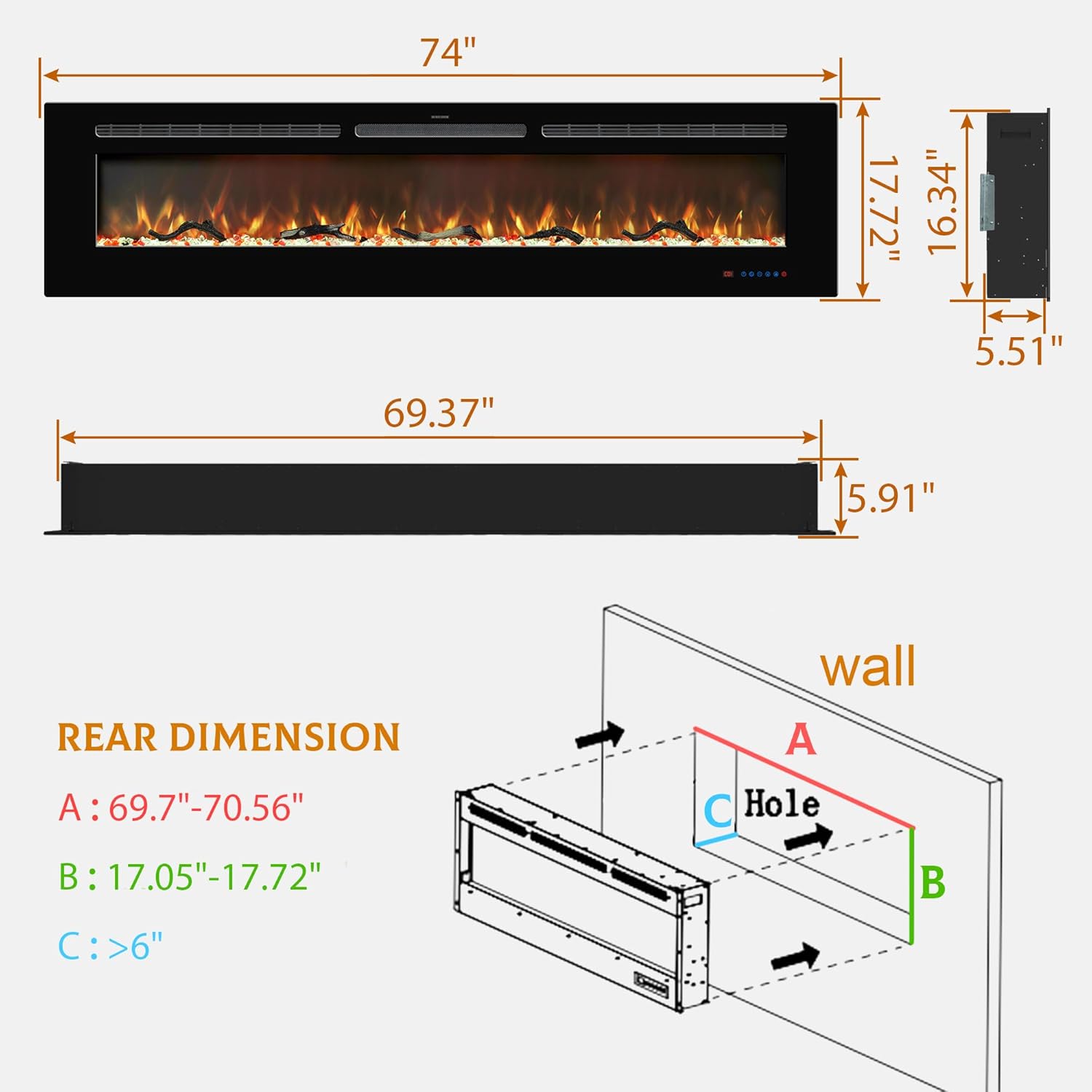 Electric Fireplace Insert - 3 Flame Colors, 750W/1500W, Timer, Black/White/Gray - Kentsky