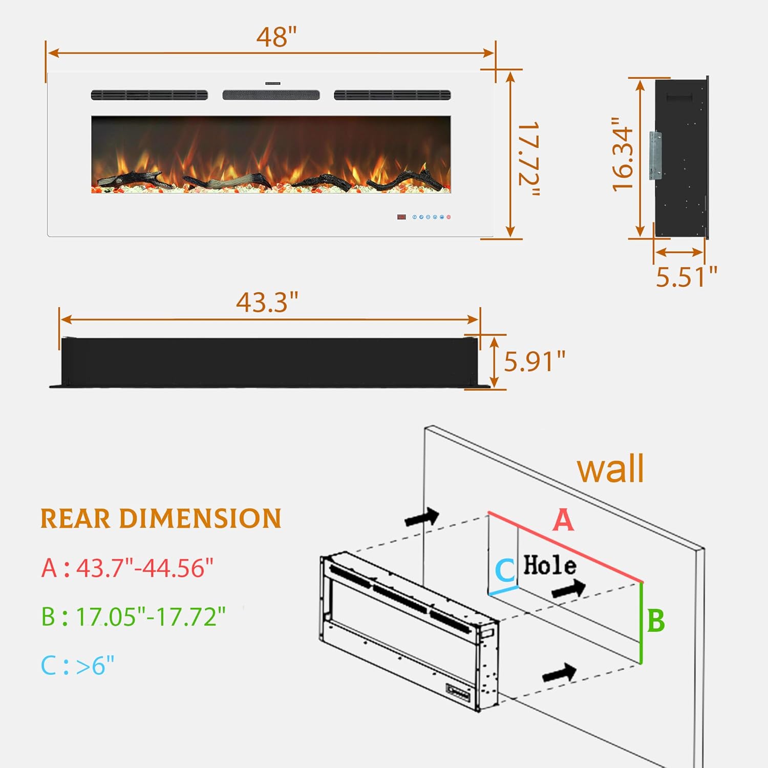 Electric Fireplace Insert - 3 Flame Colors, 750W/1500W, Timer, Black/White/Gray - Kentsky