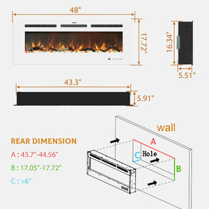 Electric Fireplace Insert - 3 Flame Colors, 750W/1500W, Timer, Black/White/Gray - Kentsky