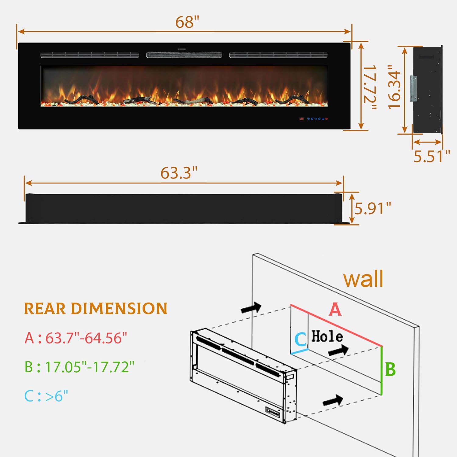 Electric Fireplace Insert - 3 Flame Colors, 750W/1500W, Timer, Black/White/Gray - Kentsky
