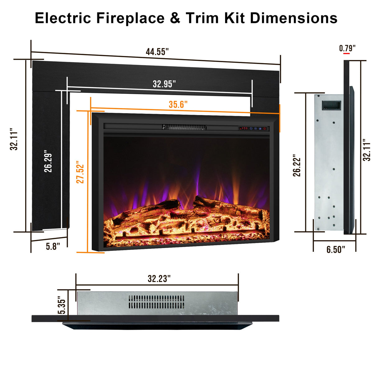 Electric Fireplace Insert with Metal Trim Kit - 750W/1500W, 1-9h Timer, Remote & Touch Screen | EFB - Kentsky