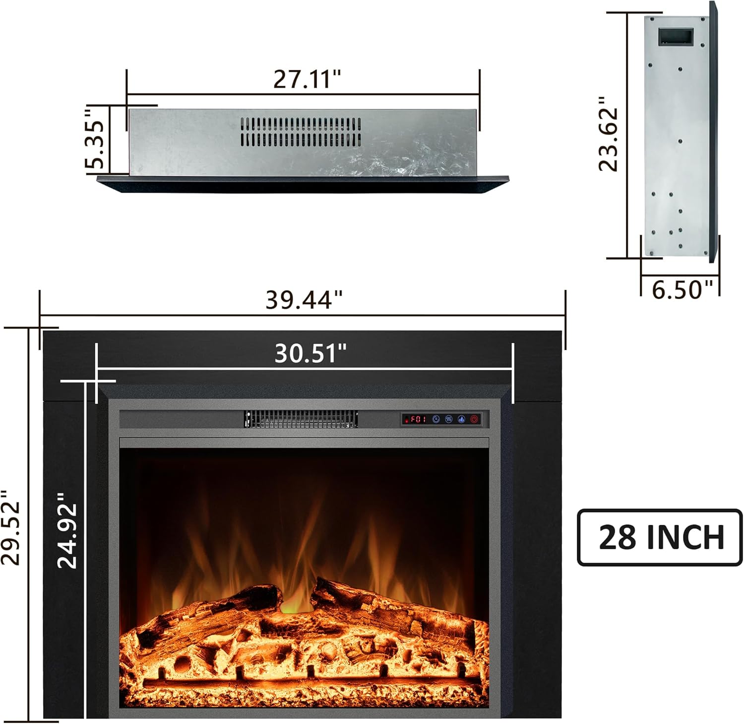 Electric Fireplace Insert with Metal Trim Kit, Overall Installed Size 40" W x 30" H, Fireplace Heater with Adjustable Flames, 1 - 9 Hour Timer, Remote & Touch Screen, 750W/1500W - Kentsky