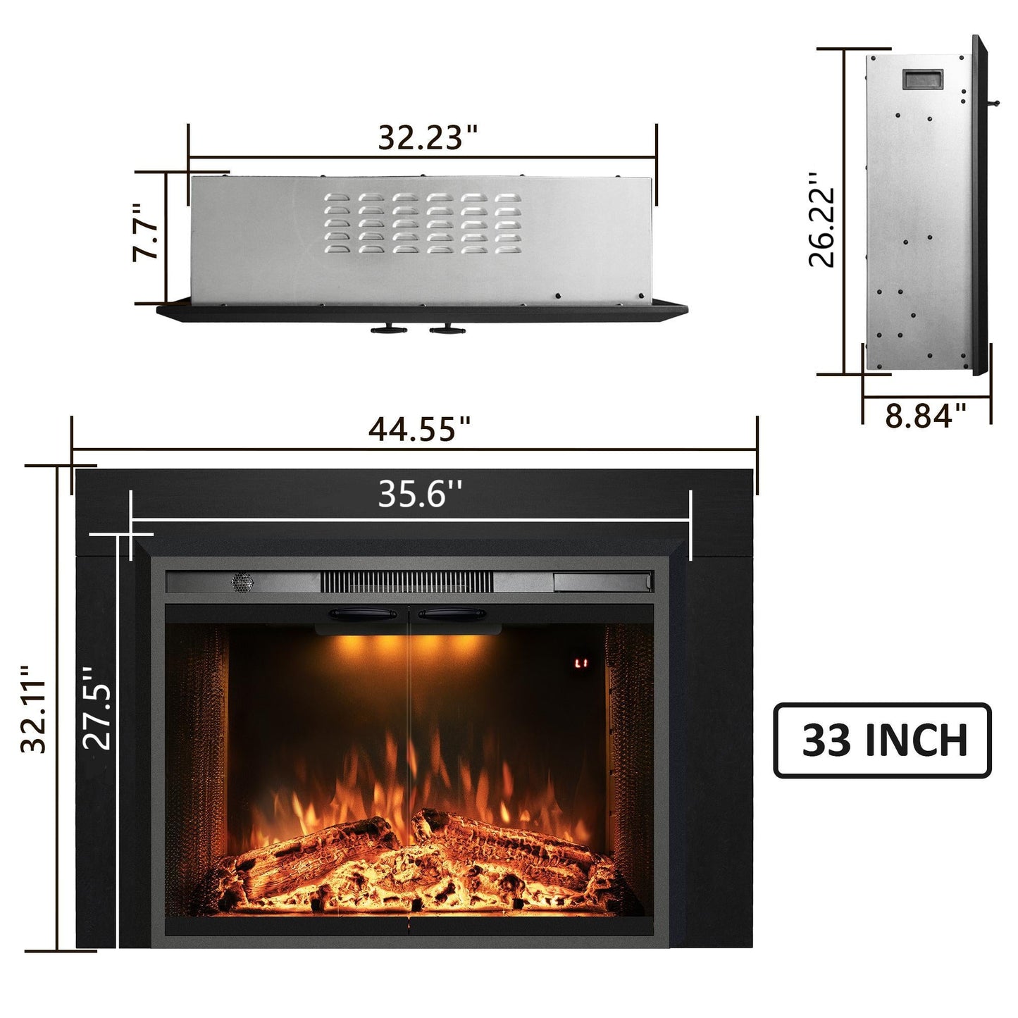 Electric Fireplace Insert with Trim Kit, Top Light, Fire Sound & Glass Door - Kentsky