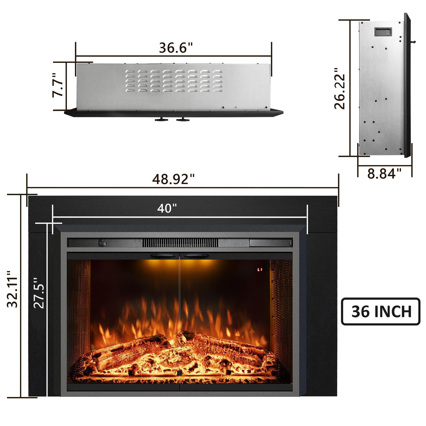 Electric Fireplace Insert with Trim Kit, Top Light, Fire Sound & Glass Door - Kentsky