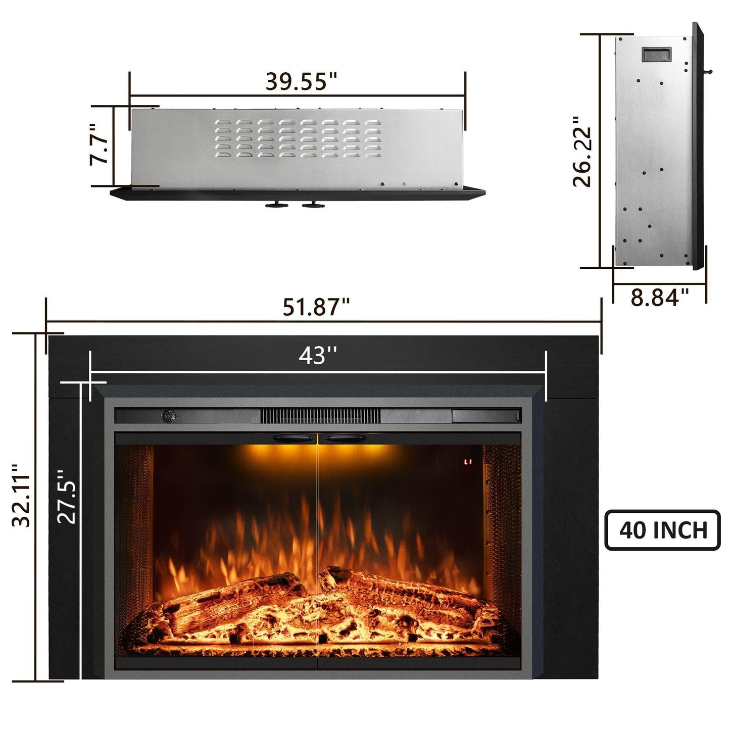 Electric Fireplace Insert with Trim Kit, Top Light, Fire Sound & Glass Door - Kentsky