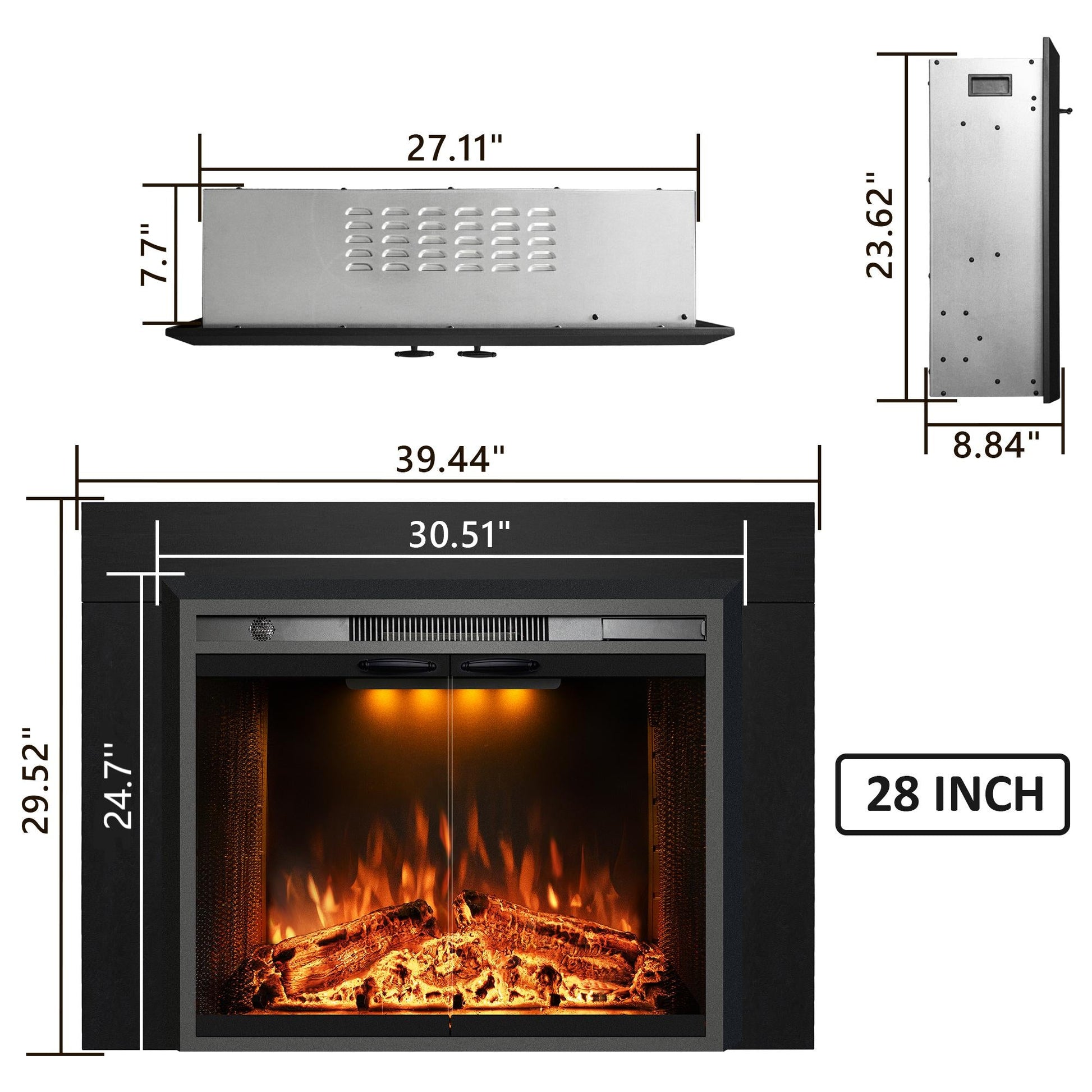 Electric Fireplace Insert with Trim Kit, Top Light, Fire Sound & Glass Door - Kentsky