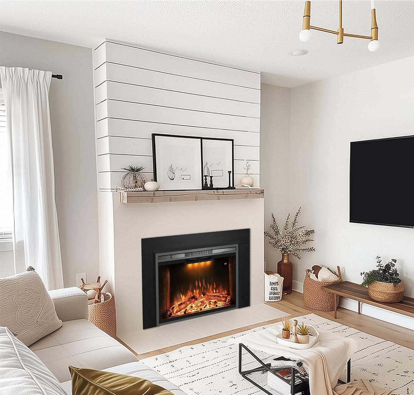 Velaychimny 44.5" W x 32" H Electric Fireplace Insert with Metal Trim Kit, Adjustable Flame, Fire Crackling Sound, Top Light Colors, Timer, Glass Door & Mesh Screen, Black - Kentsky