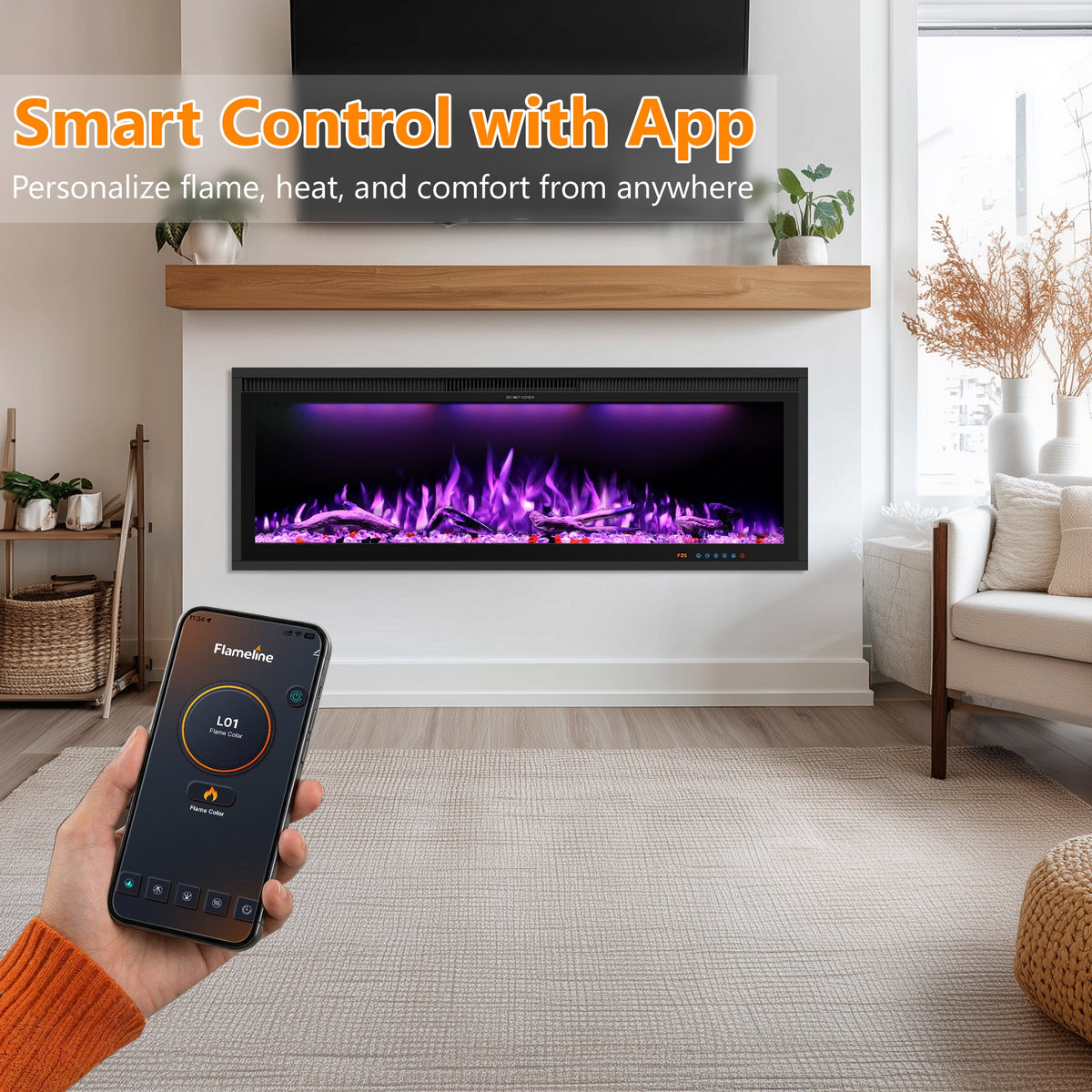 WiFi Electric Fireplace Insert with APP & Remote, 13 Flame & Ember Colors, Recessed & Wall-Mounted | BIZL - Kentsky