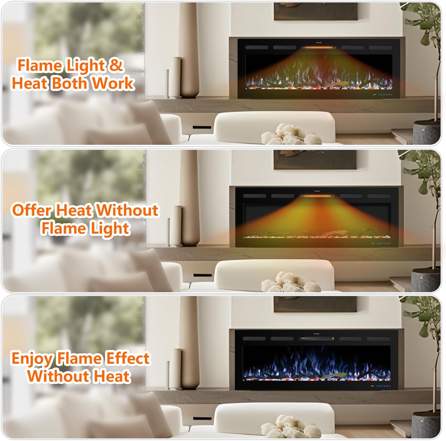 WiFi Electric Fireplace Inserts, Recessed and Wall Mounted Fireplace Heater W/Adjustable Flame Color & Brightness, Thermostat, 9H Timer, App and Remote Control, Low Noise, 750/1500W - Kentsky