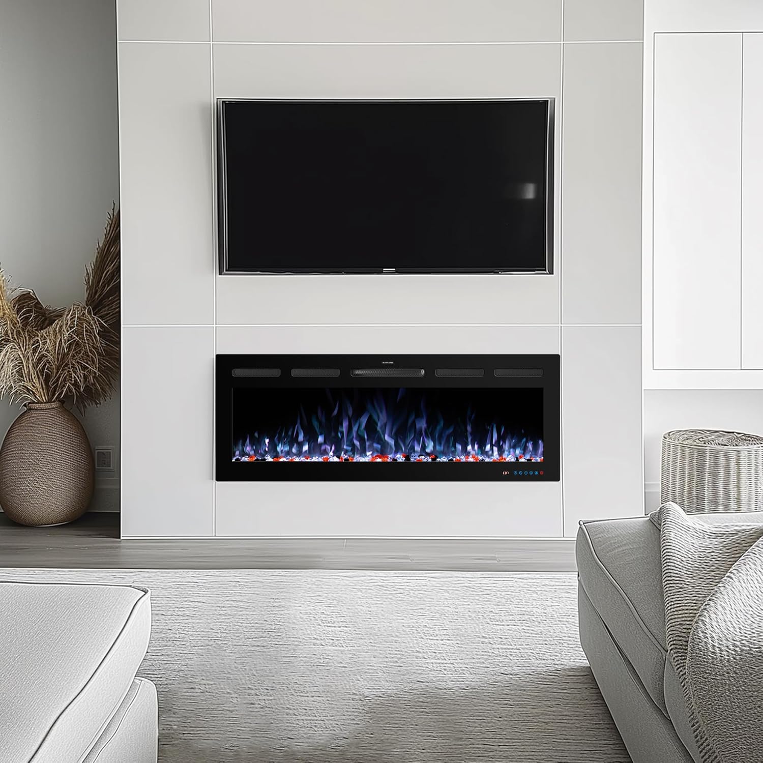 WiFi Electric Fireplace Inserts, Recessed and Wall Mounted Fireplace Heater W/Adjustable Flame Color & Brightness, Thermostat, 9H Timer, App and Remote Control, Low Noise, 750/1500W - Kentsky