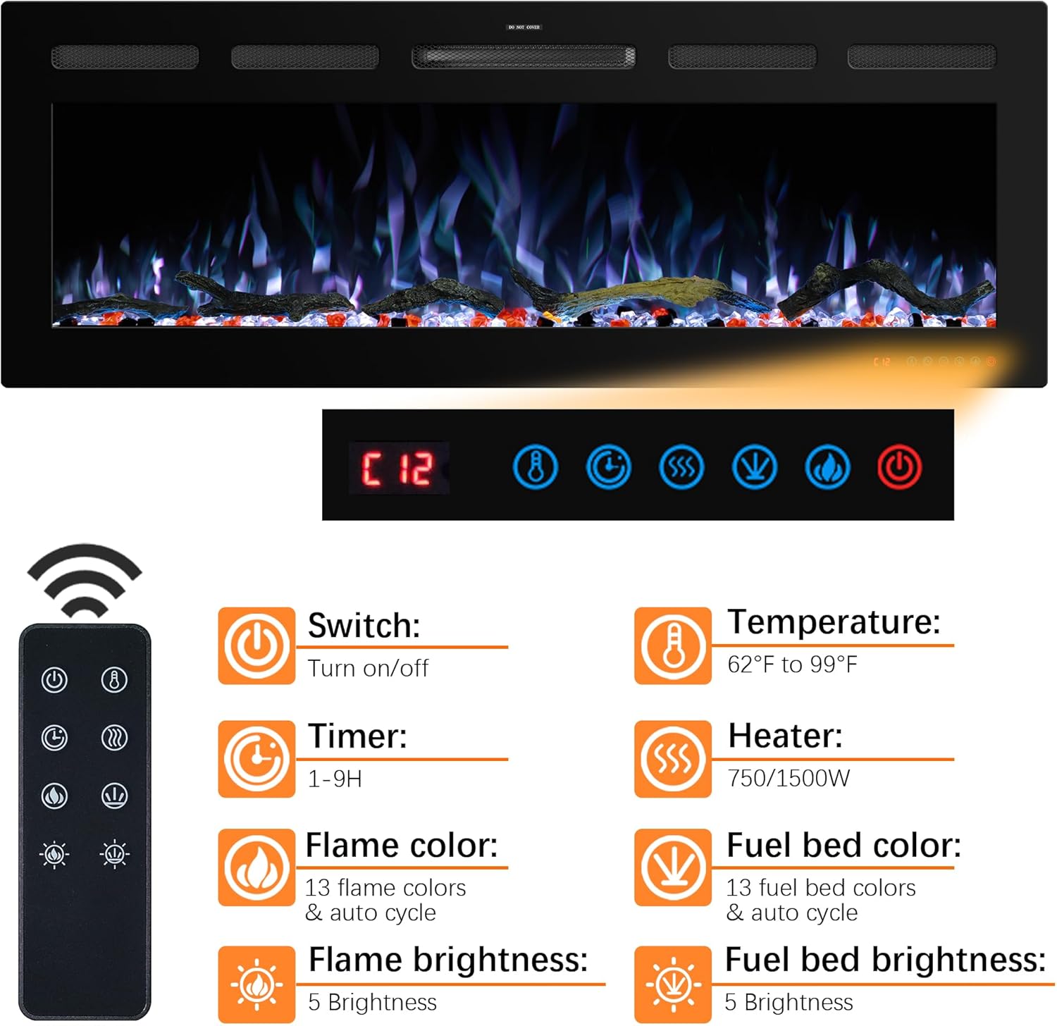 WiFi Electric Fireplace Inserts, Recessed and Wall Mounted Fireplace Heater W/Adjustable Flame Color & Brightness, Thermostat, 9H Timer, App and Remote Control, Low Noise, 750/1500W - Kentsky